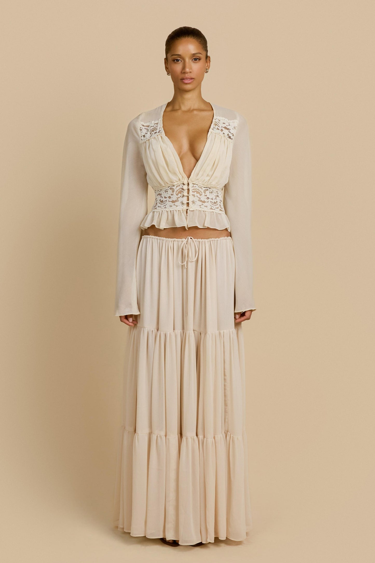 Lace Button Top & Mid Waist Maxi Skirt Set