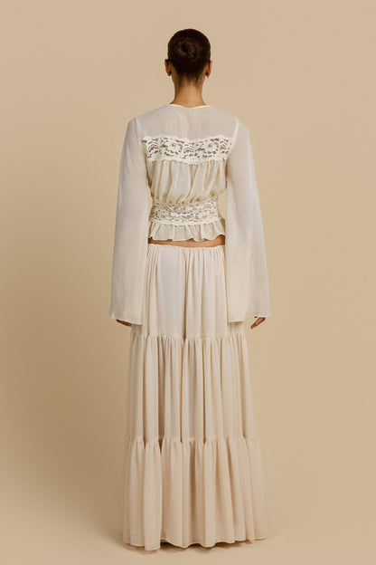 Lace Button Top & Mid Waist Maxi Skirt Set