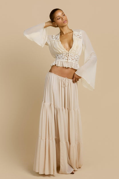 Lace Button Top & Mid Waist Maxi Skirt Set