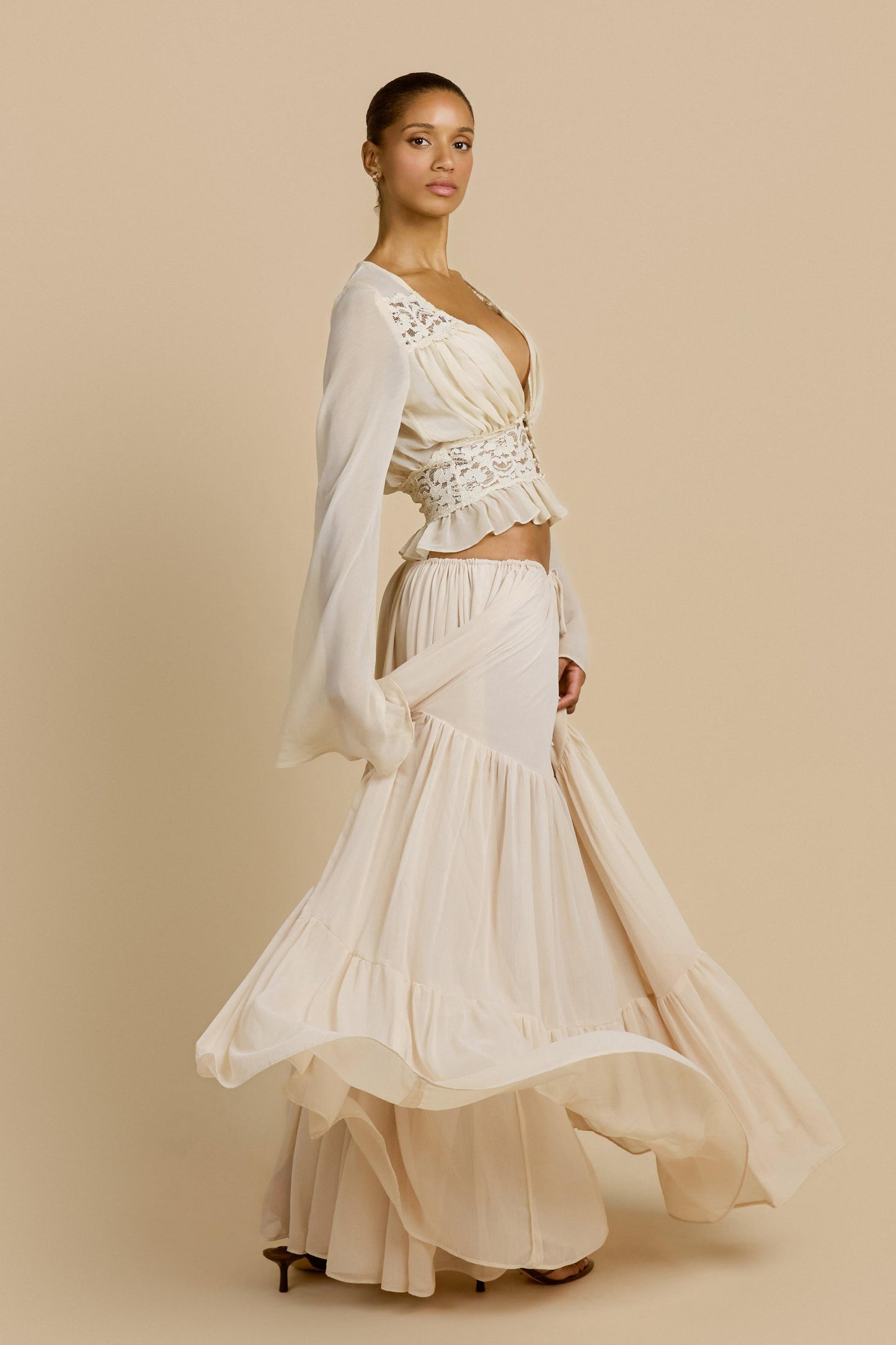 Lace Button Top & Mid Waist Maxi Skirt Set