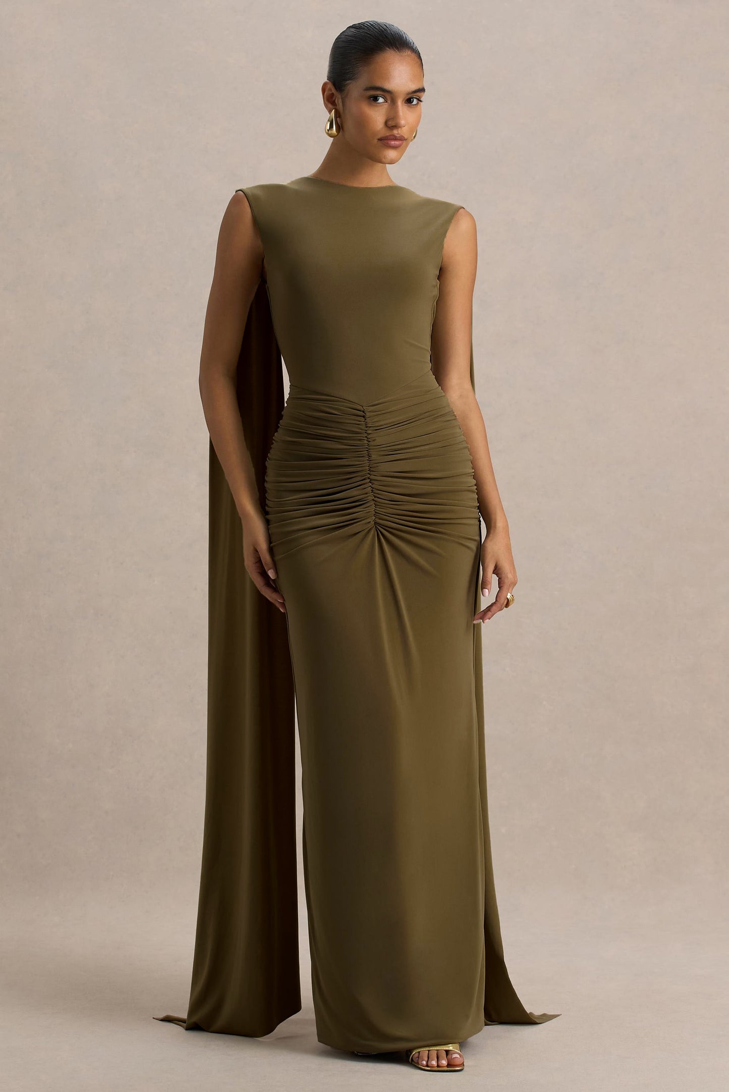 Sleeveless Gathering Cape Maxi Dress