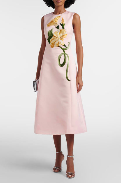 Embroidered Sleeveless Round Neck Midi Dress