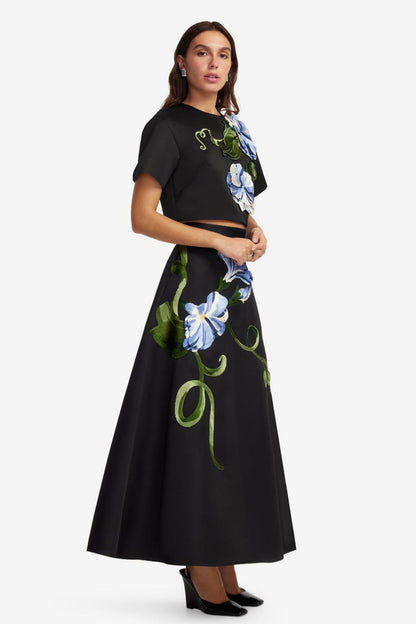 Appliquéd Round Neck Top & High Waist Midi Skirt Set