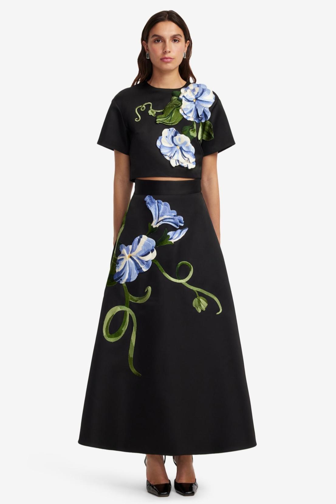 Appliquéd Round Neck Top & High Waist Midi Skirt Set