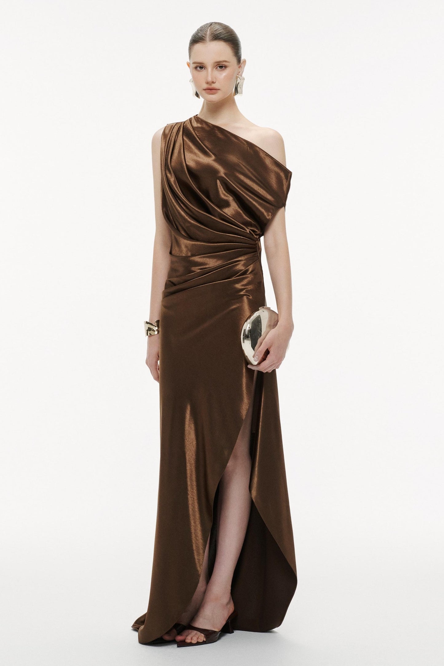 Skew Collar Pleated Slit Maxi Dress