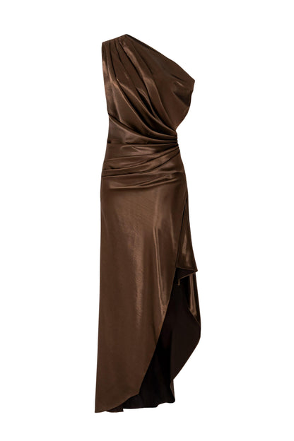 Skew Collar Pleated Slit Maxi Dress