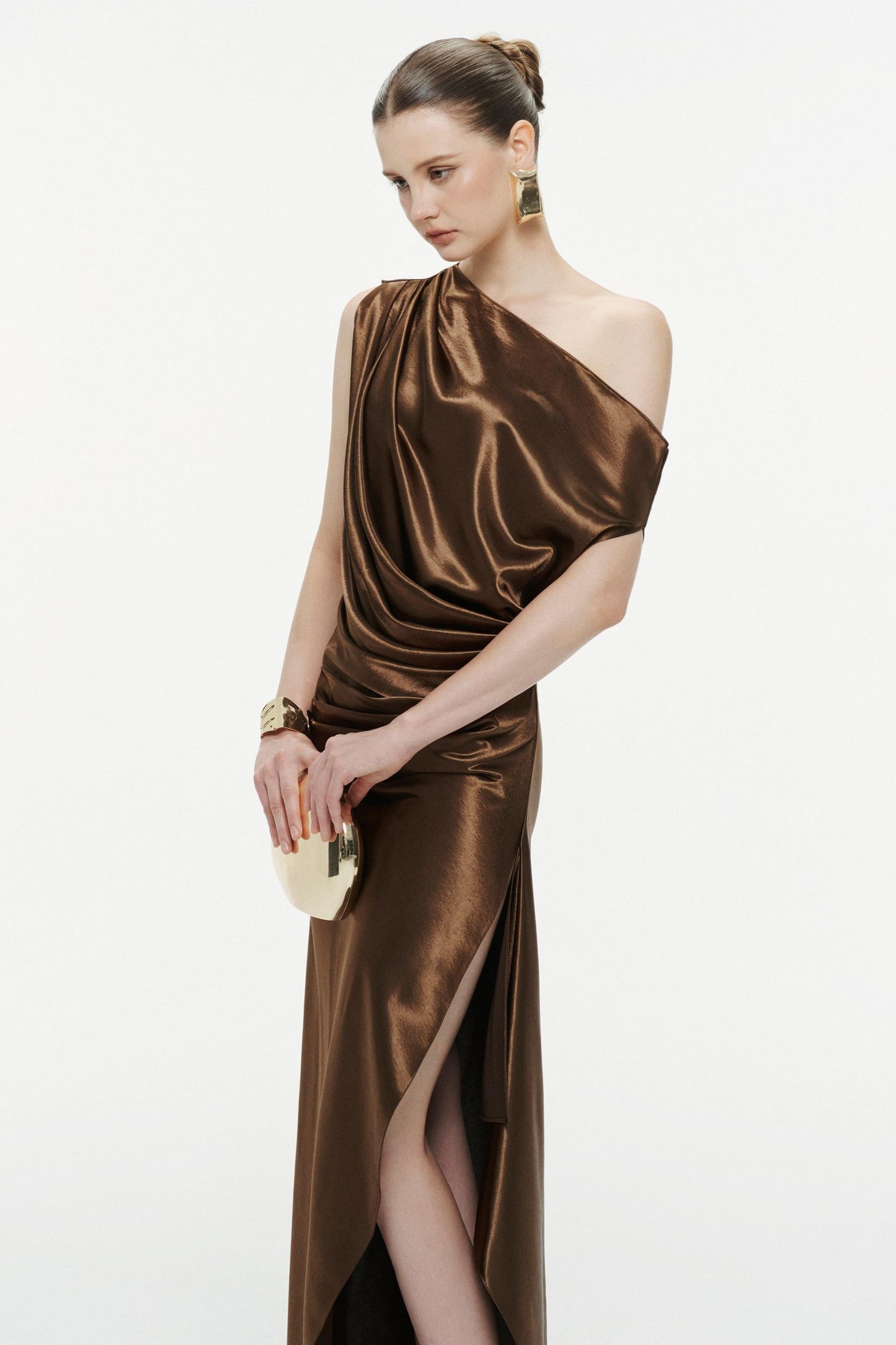 Skew Collar Pleated Slit Maxi Dress