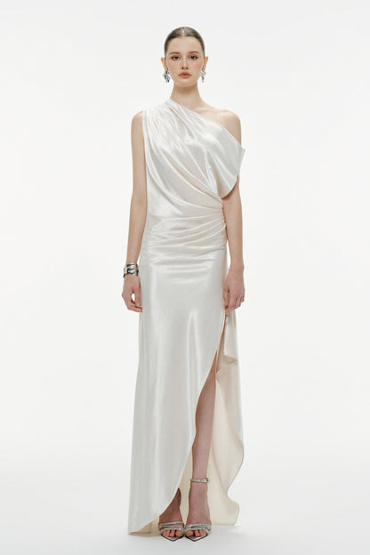 Skew Collar Pleated Slit Maxi Dress