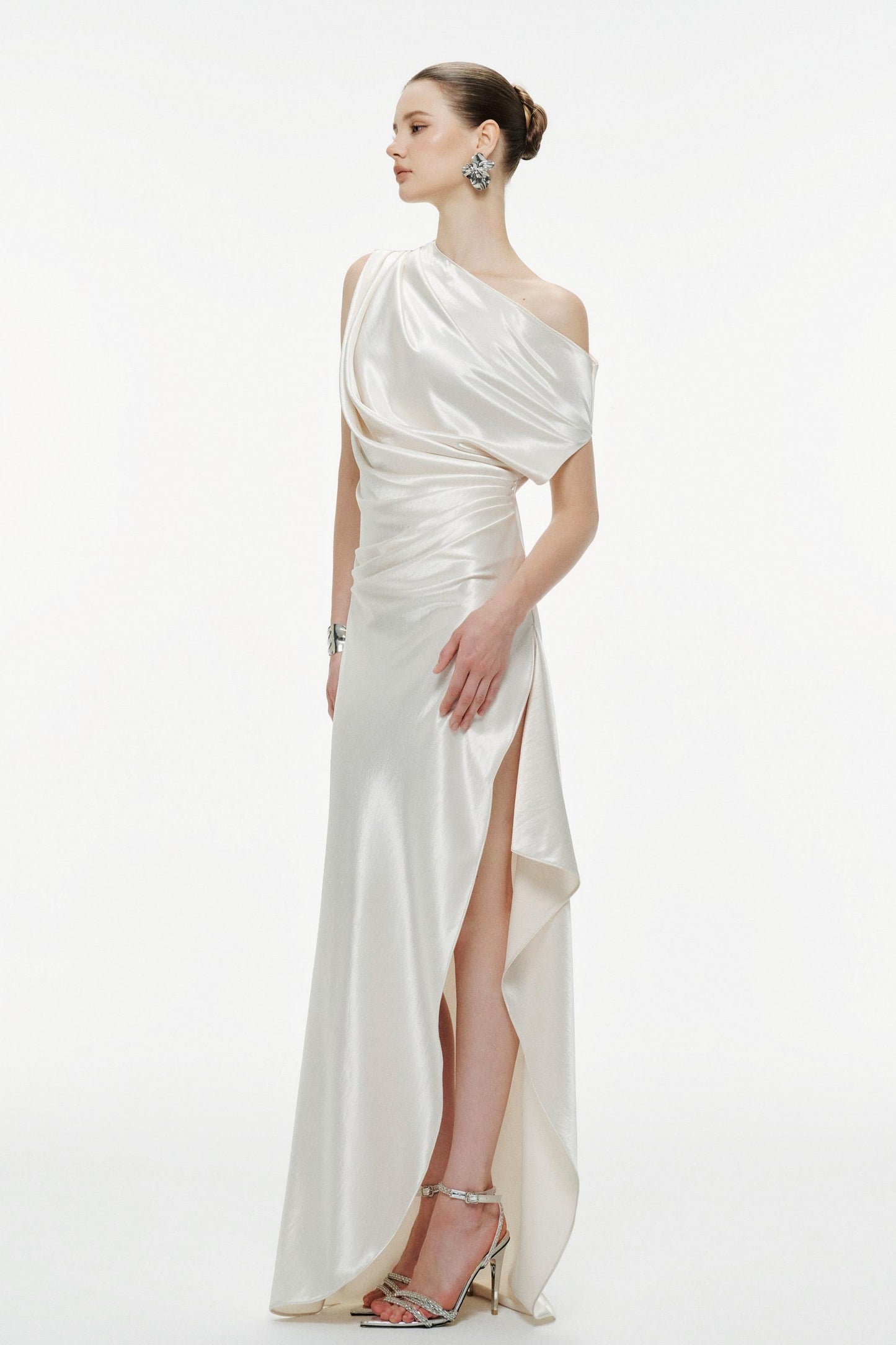 Skew Collar Pleated Slit Maxi Dress