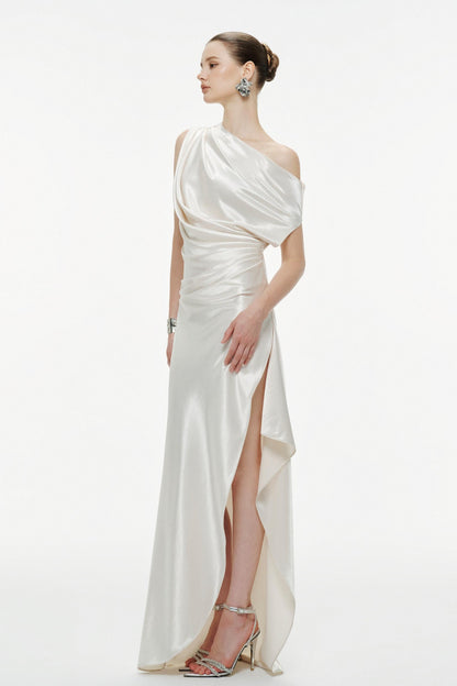 Skew Collar Pleated Slit Maxi Dress