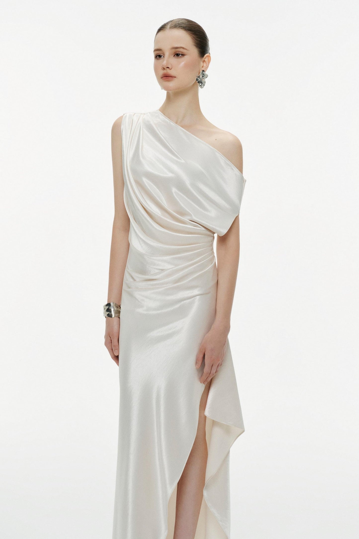 Skew Collar Pleated Slit Maxi Dress