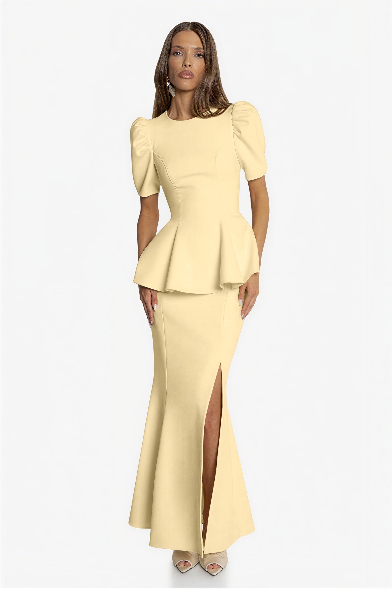 Round Neck Puff Sleeve Top & High Waist Midi Skirt Set