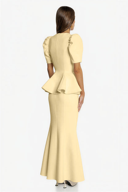 Round Neck Puff Sleeve Top & High Waist Midi Skirt Set