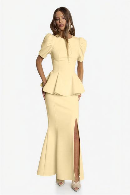 Round Neck Puff Sleeve Top & High Waist Midi Skirt Set