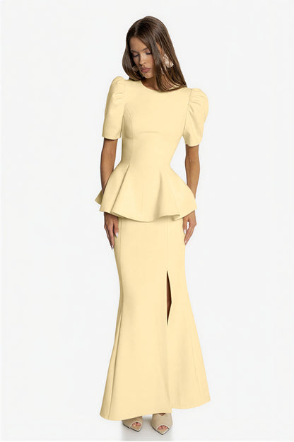 Round Neck Puff Sleeve Top & High Waist Midi Skirt Set