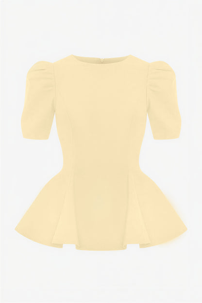 Round Neck Puff Sleeve Top & High Waist Midi Skirt Set