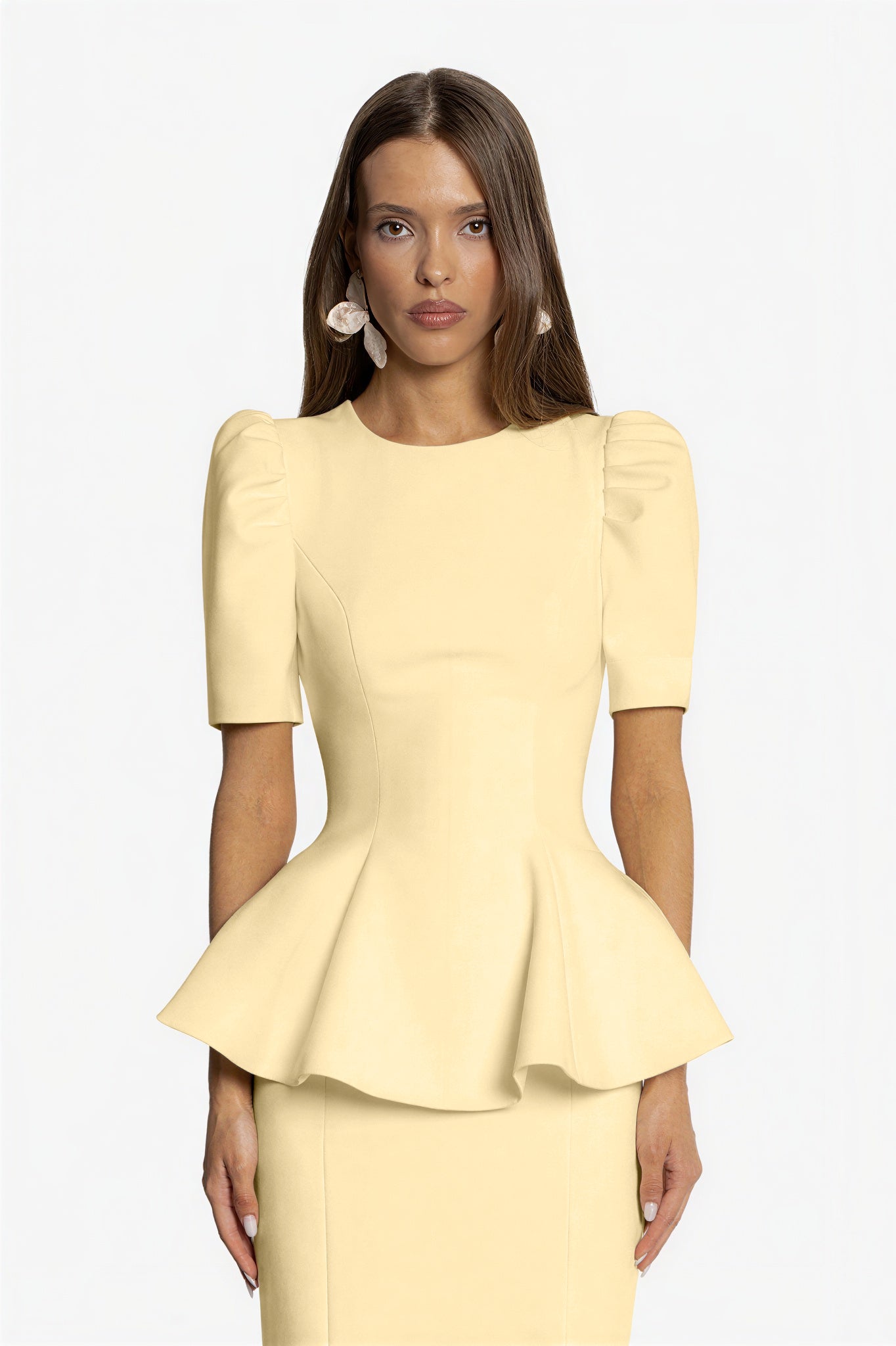 Round Neck Puff Sleeve Top & High Waist Midi Skirt Set