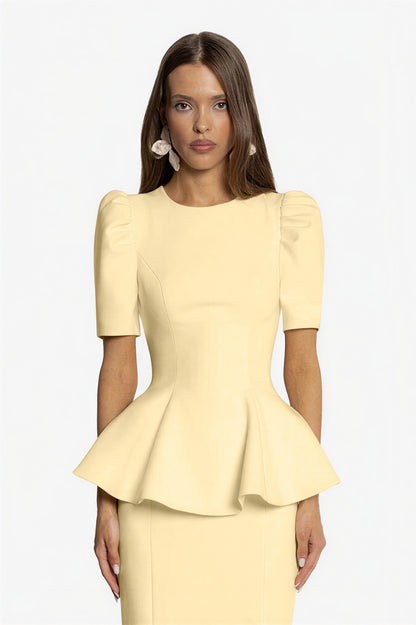 Round Neck Puff Sleeve Top & High Waist Midi Skirt Set