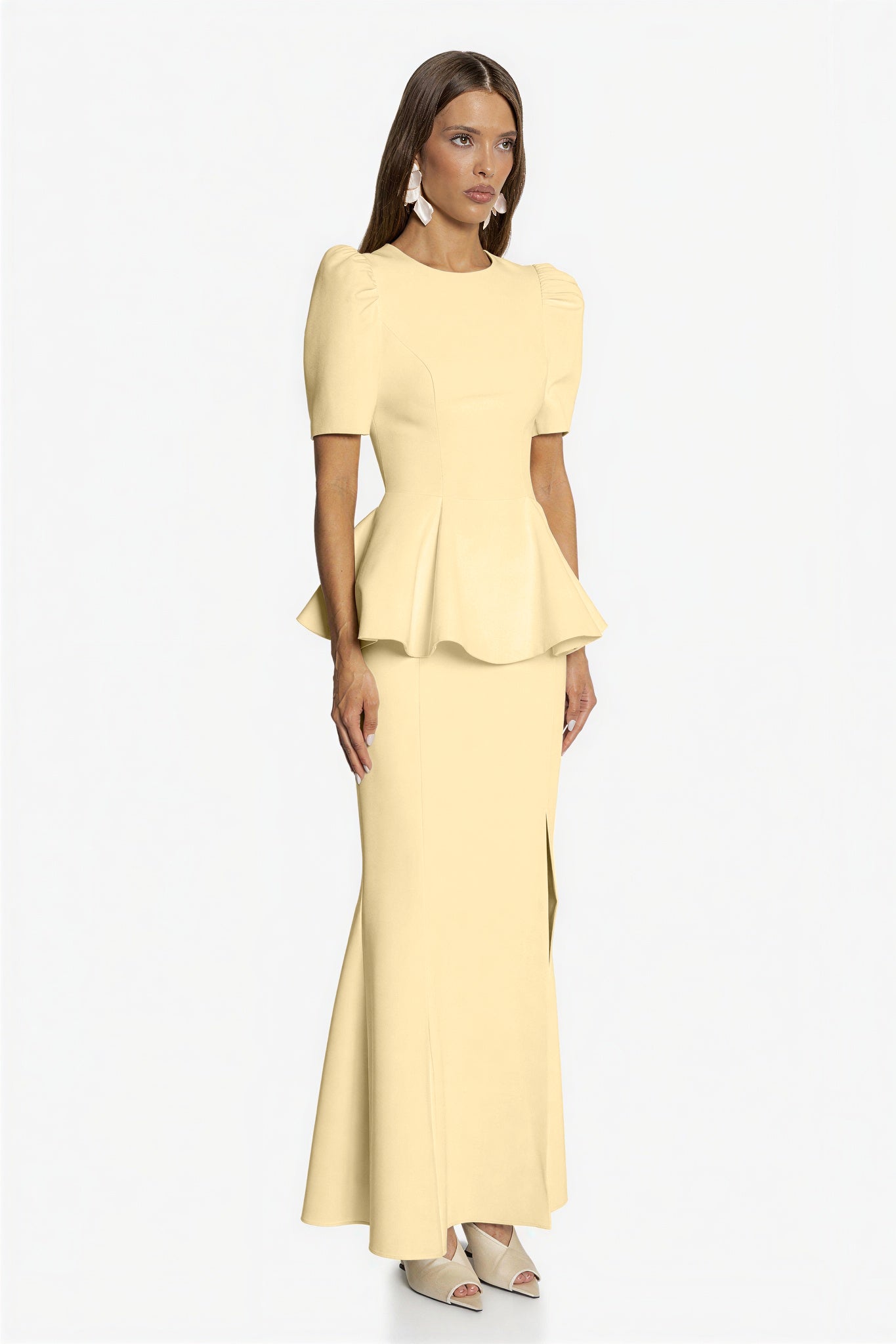 Round Neck Puff Sleeve Top & High Waist Midi Skirt Set