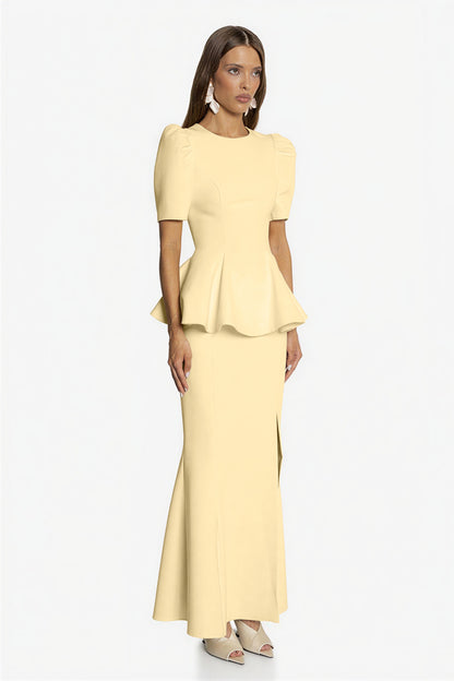 Round Neck Puff Sleeve Top & High Waist Midi Skirt Set