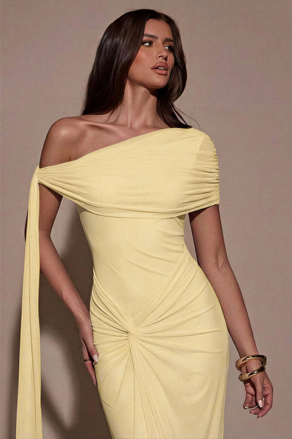 Solid One Shoulder Gathering Maxi Dress