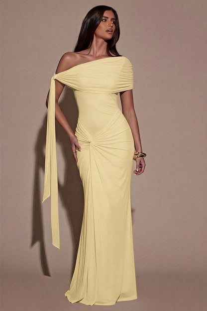 Solid One Shoulder Gathering Maxi Dress