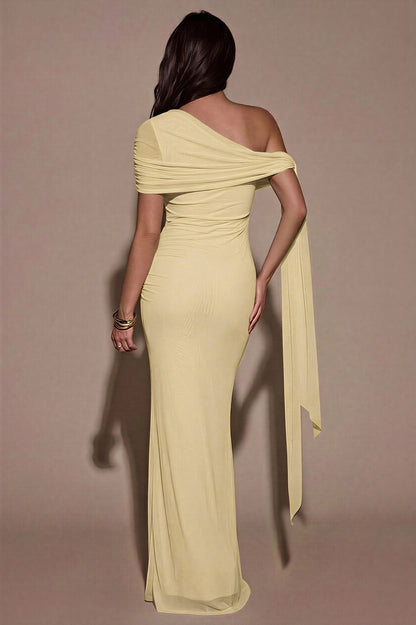 Solid One Shoulder Gathering Maxi Dress