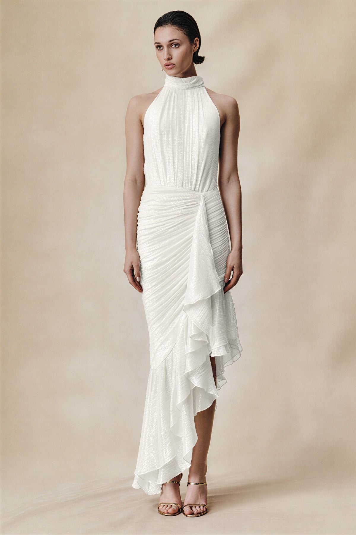 Halter Neck Pleated Ruffle Midi Dress