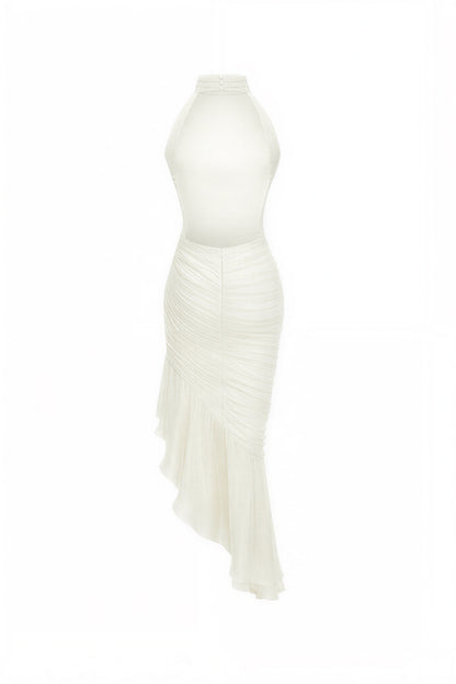 Halter Neck Pleated Ruffle Midi Dress