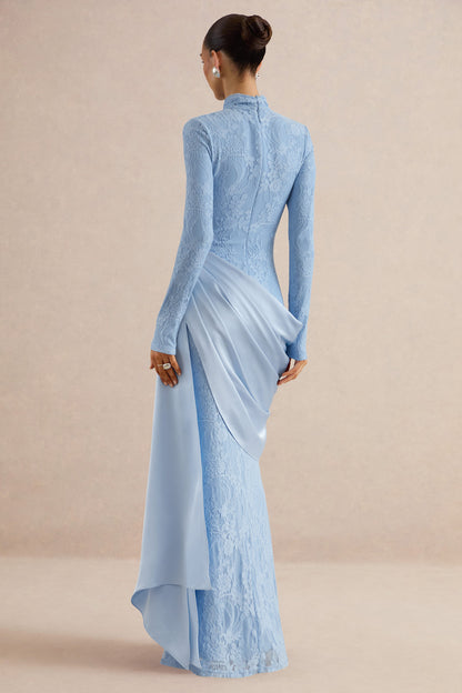 Lace Pleated Stand Collar Maxi Dress
