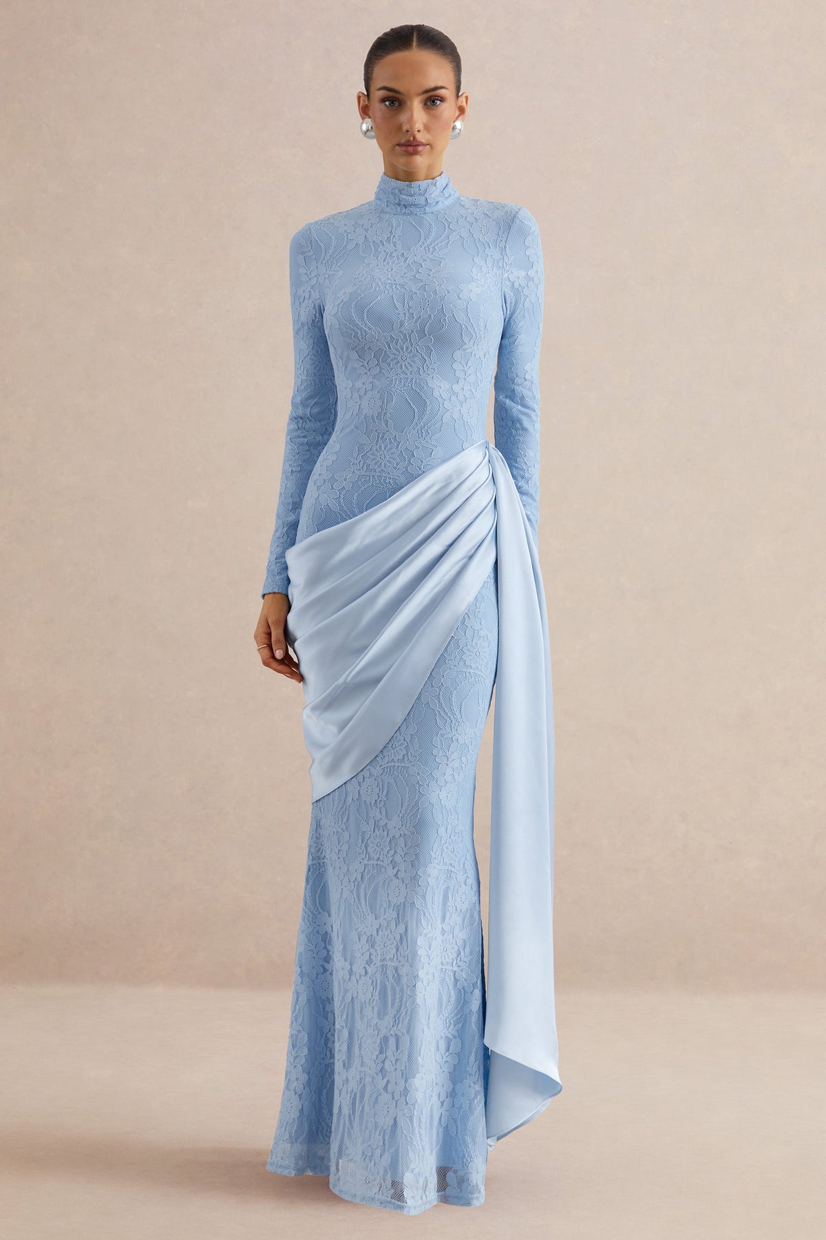 Lace Pleated Stand Collar Maxi Dress