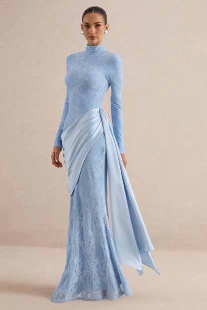 Lace Pleated Stand Collar Maxi Dress
