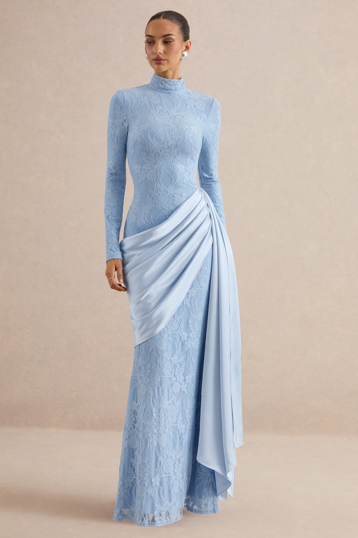 Lace Pleated Stand Collar Maxi Dress