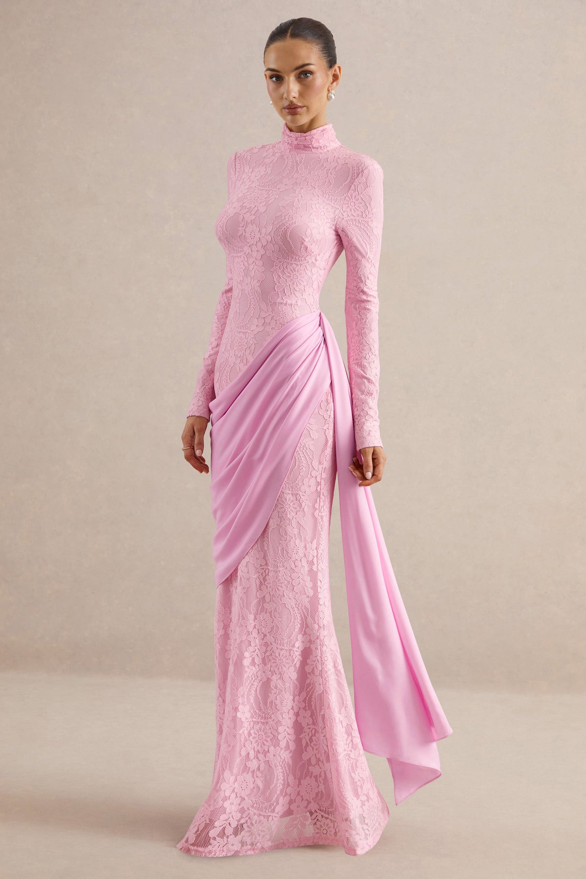 Lace Pleated Stand Collar Maxi Dress