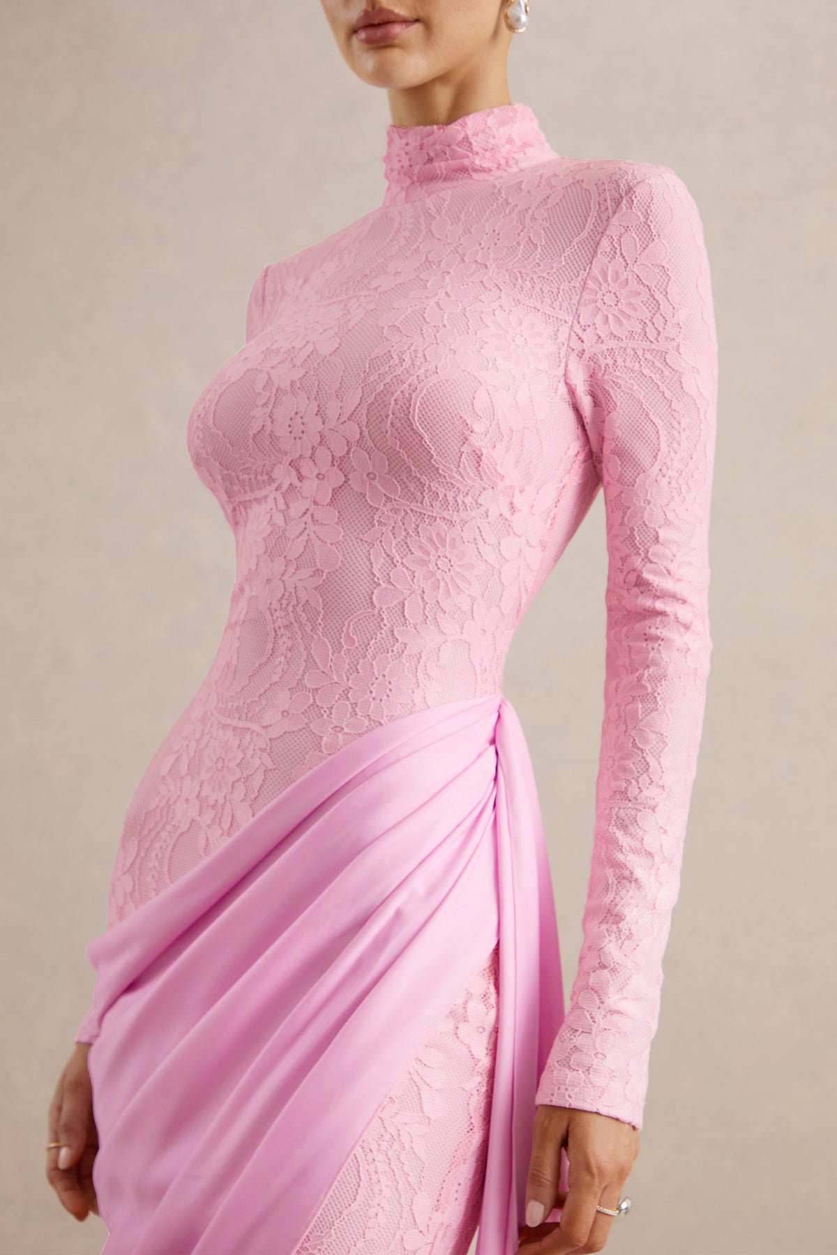 Lace Pleated Stand Collar Maxi Dress