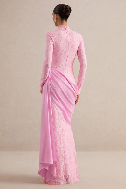 Lace Pleated Stand Collar Maxi Dress