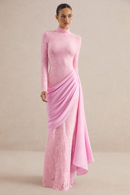 Lace Pleated Stand Collar Maxi Dress