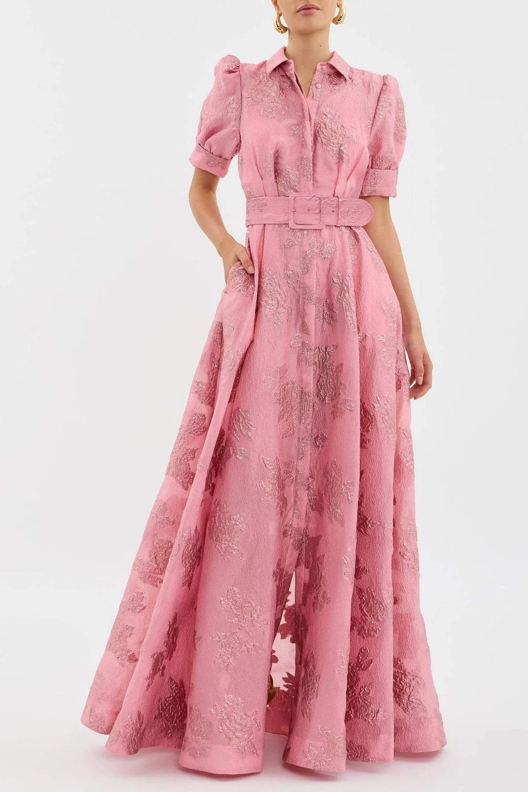 Jacquard Shirt Collar Puff Sleeve Maxi Dress With Belt
