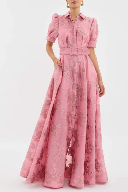 Jacquard Shirt Collar Puff Sleeve Maxi Dress With Belt