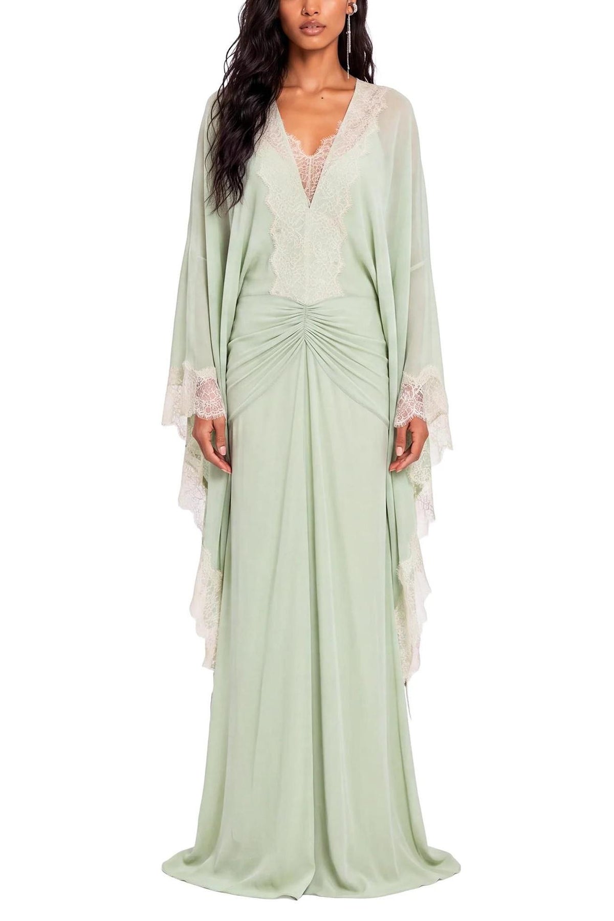 Lace Splicing Gathering Batwing Sleeve Maxi Dress