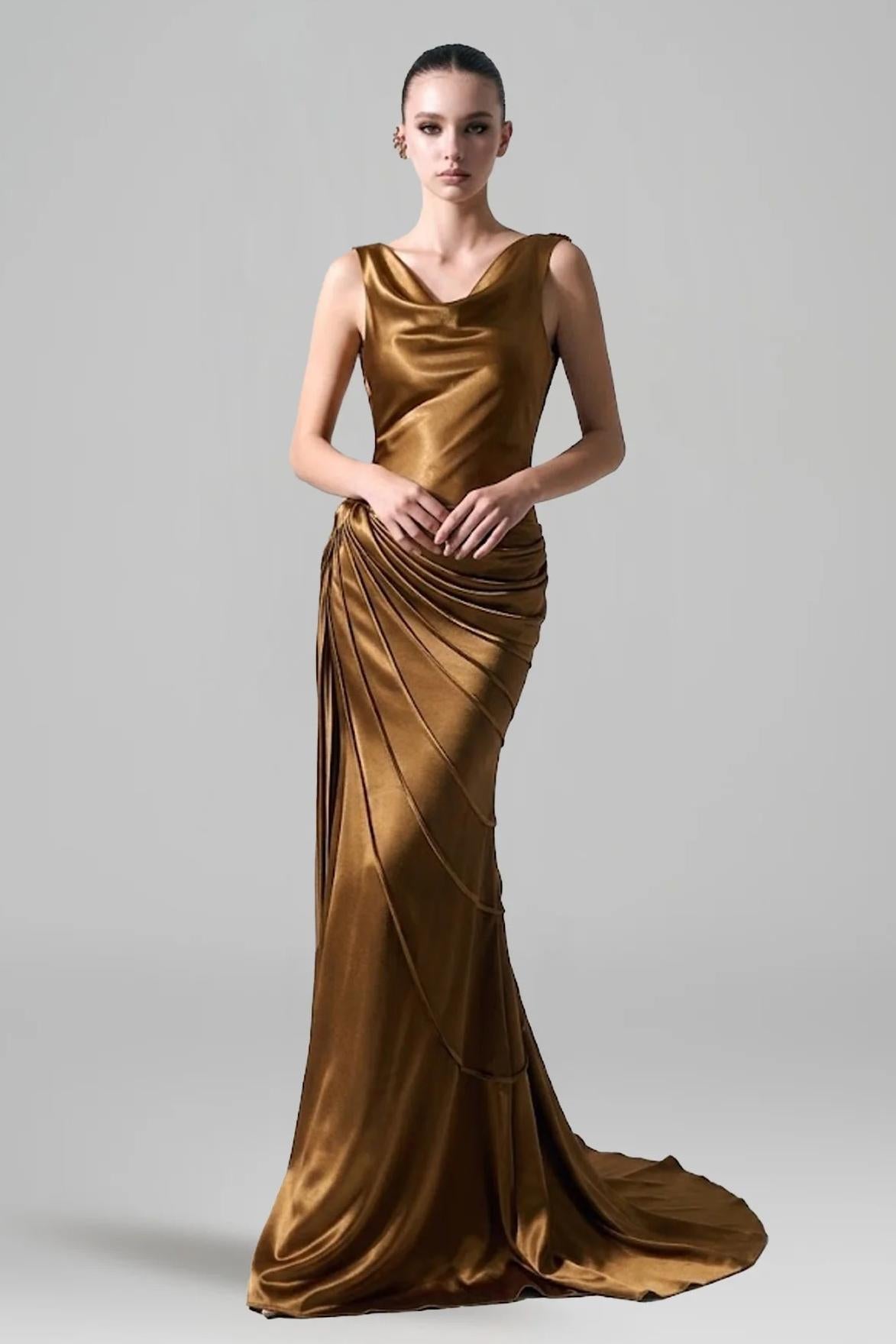 Satin Swing Collar Ruched Maxi Dress