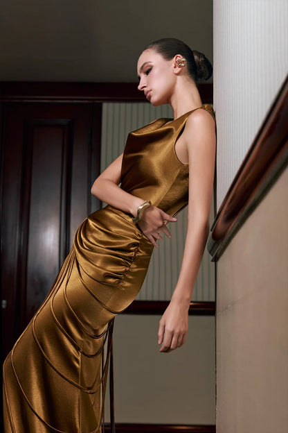 Satin Swing Collar Ruched Maxi Dress
