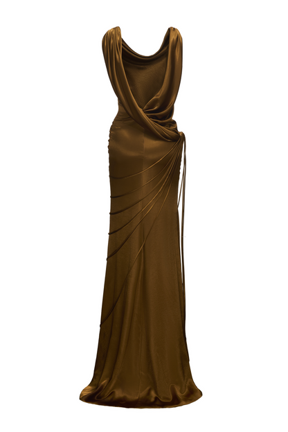 Satin Swing Collar Ruched Maxi Dress