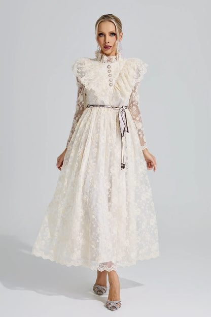 Leah Apricot Stand Collar Lace Dress