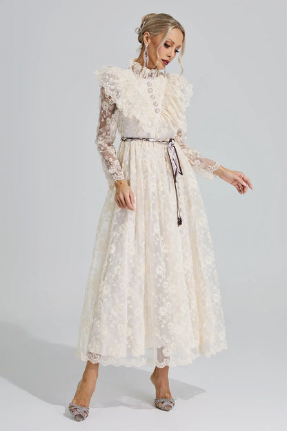 Leah Apricot Stand Collar Lace Dress