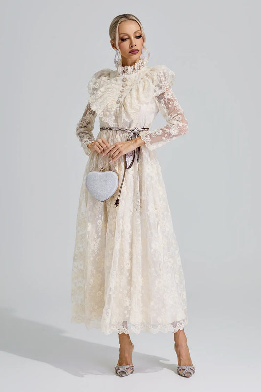 Leah Apricot Stand Collar Lace Dress