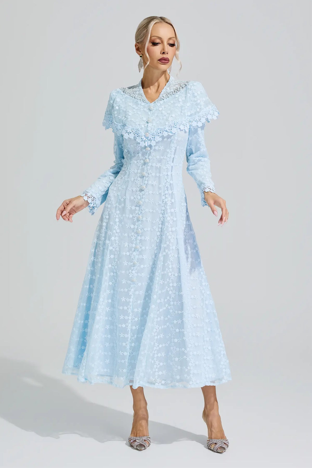 Martha Blue Embroidery Lace Dress