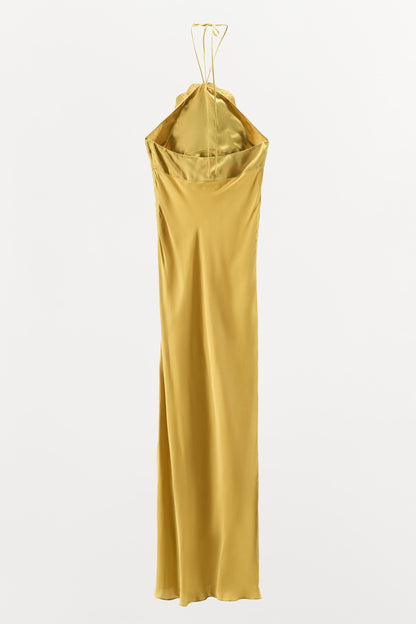 Satin 3D Flower Halter Neck Midi Dress