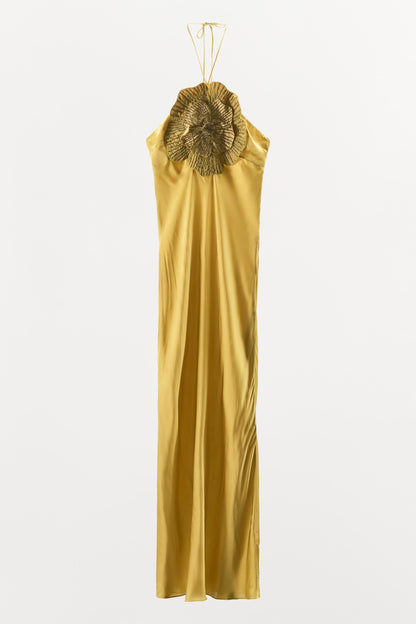 Satin 3D Flower Halter Neck Midi Dress