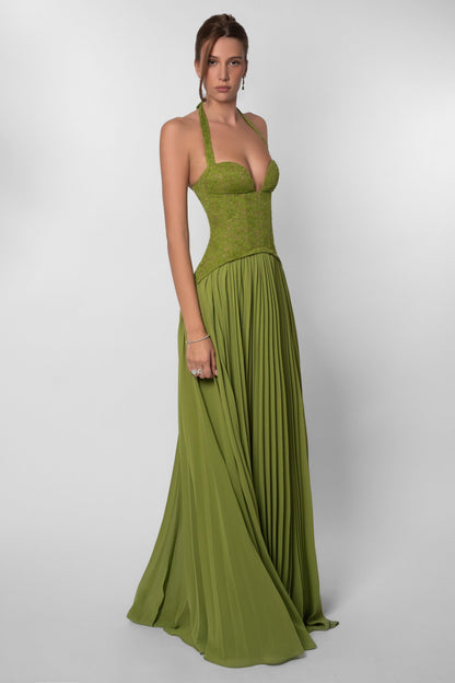 Sweetheart Neck Lace Splicing Chiffon Pleated Maxi Dress